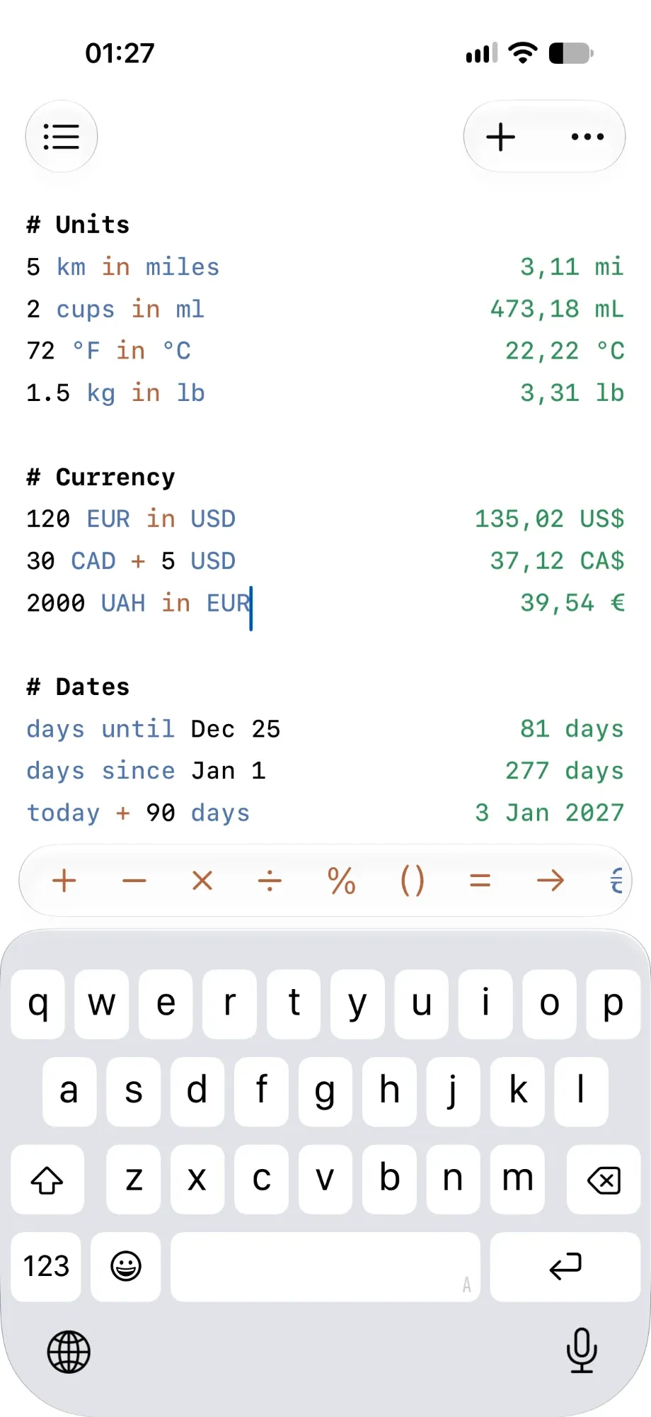 PhraseCalc on iPhone: units and currency conversions with answers, and the quick-entry bar above the keyboard